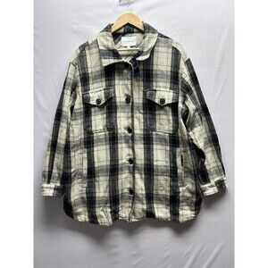 Lucky Brand Women’s Large Black Cream Plaid Button Up Shacket W Pockets NWT